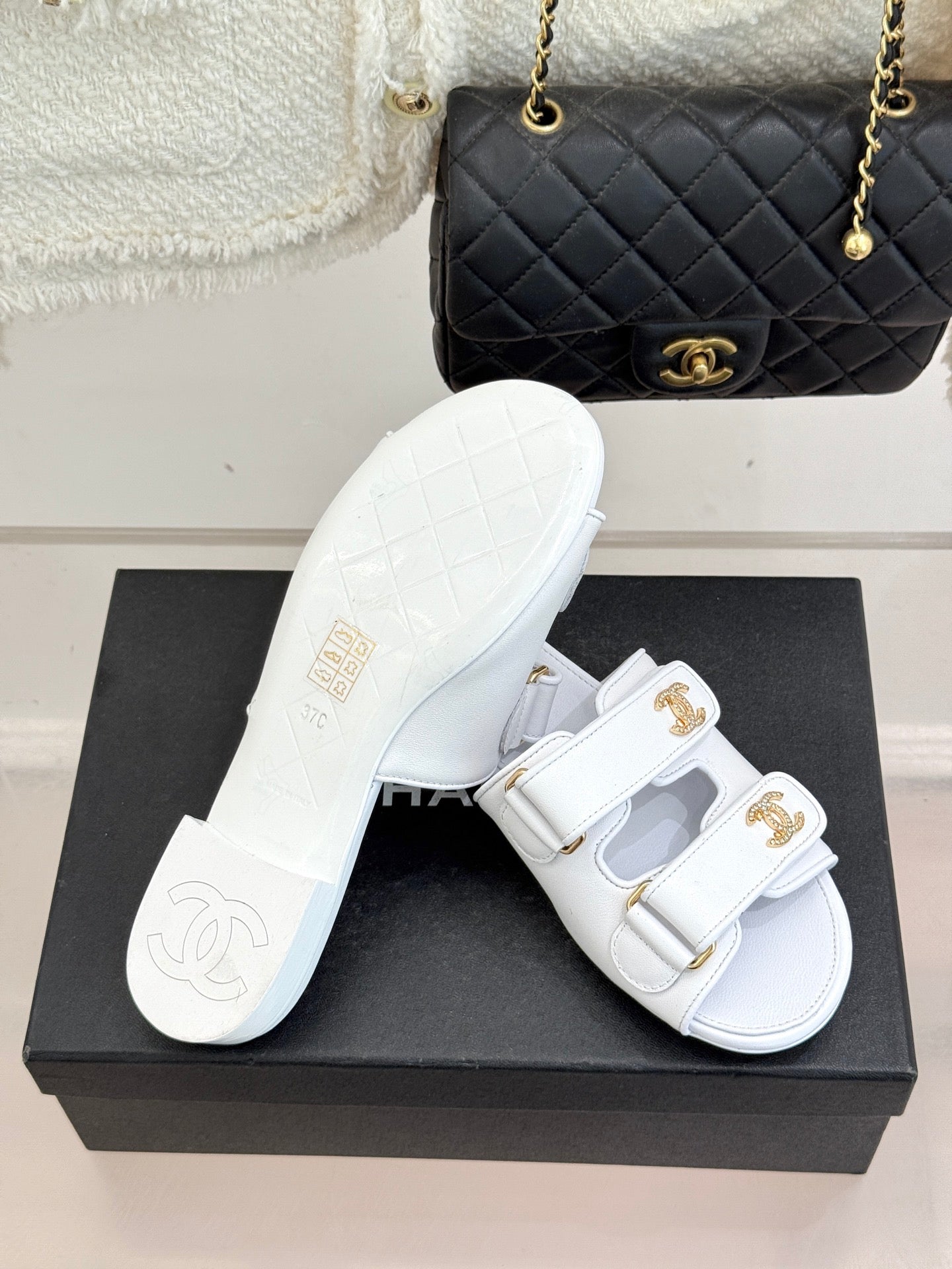 Chanel 26C Double C Backpack Buckle Velcro Slippers White in Lambskin 615792