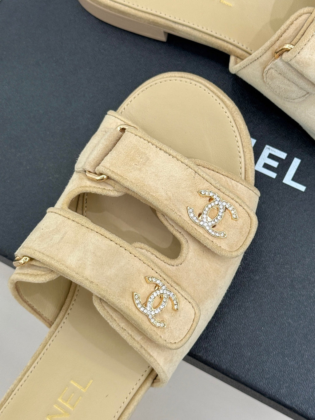 Chanel 26C Double C Backpack Buckle Velcro Slippers Beige in Suede 615791