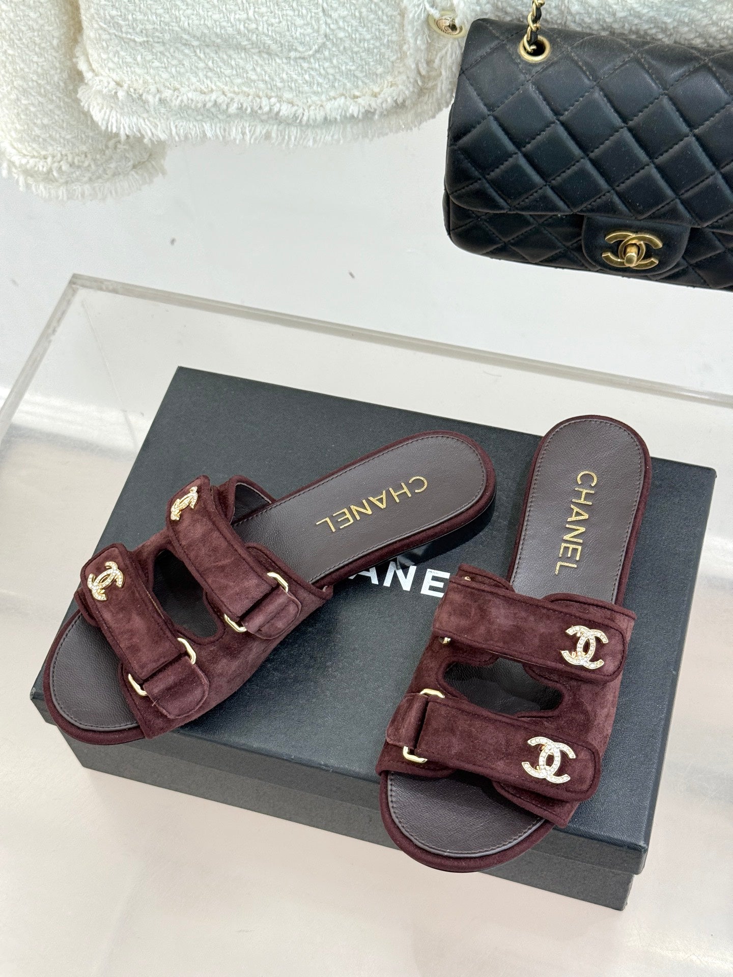 Chanel 26C Double C Backpack Buckle Velcro Slippers Burgundy in Suede 615790