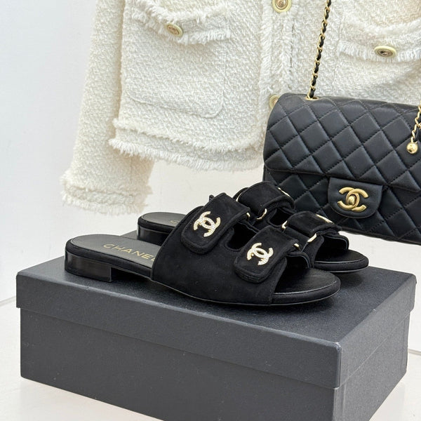 Chanel 26C Double C Backpack Buckle Velcro Slippers Black in Suede 615789