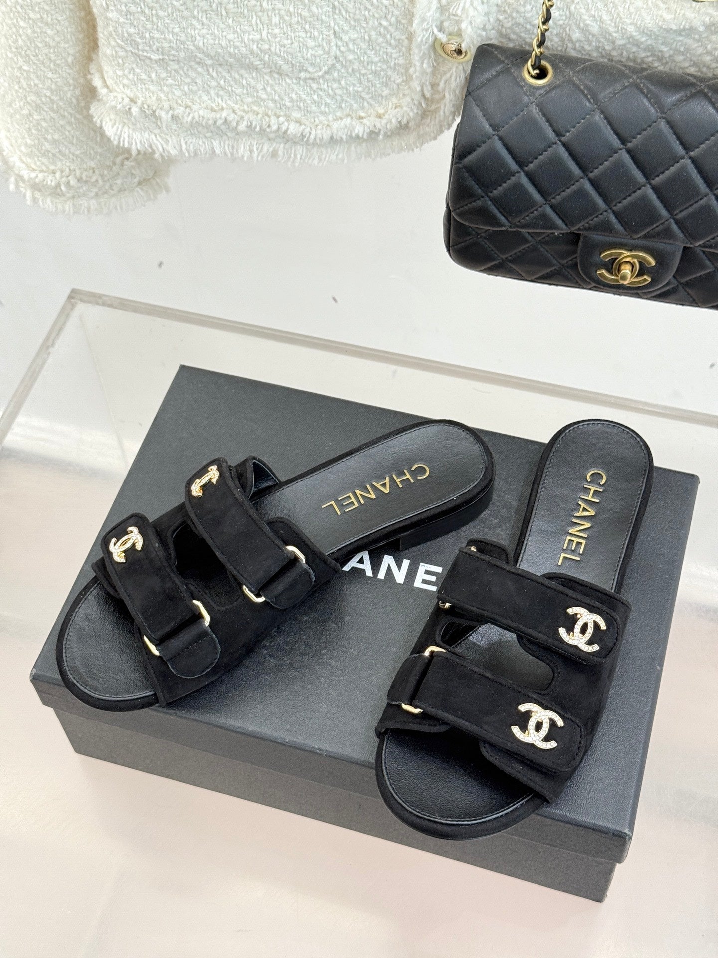 Chanel 26C Double C Backpack Buckle Velcro Slippers Black in Suede 615789