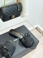 Chanel  26C Double C Bow Slippers Black in Mesh 615711