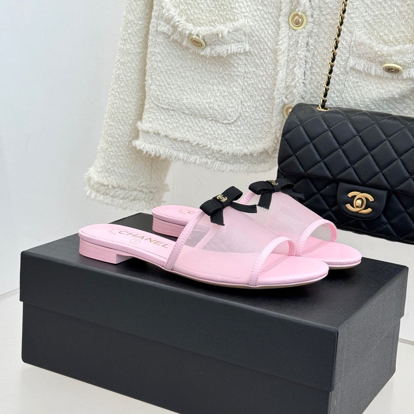Chanel  26C Double C Bow Slippers Pink in Mesh 615710