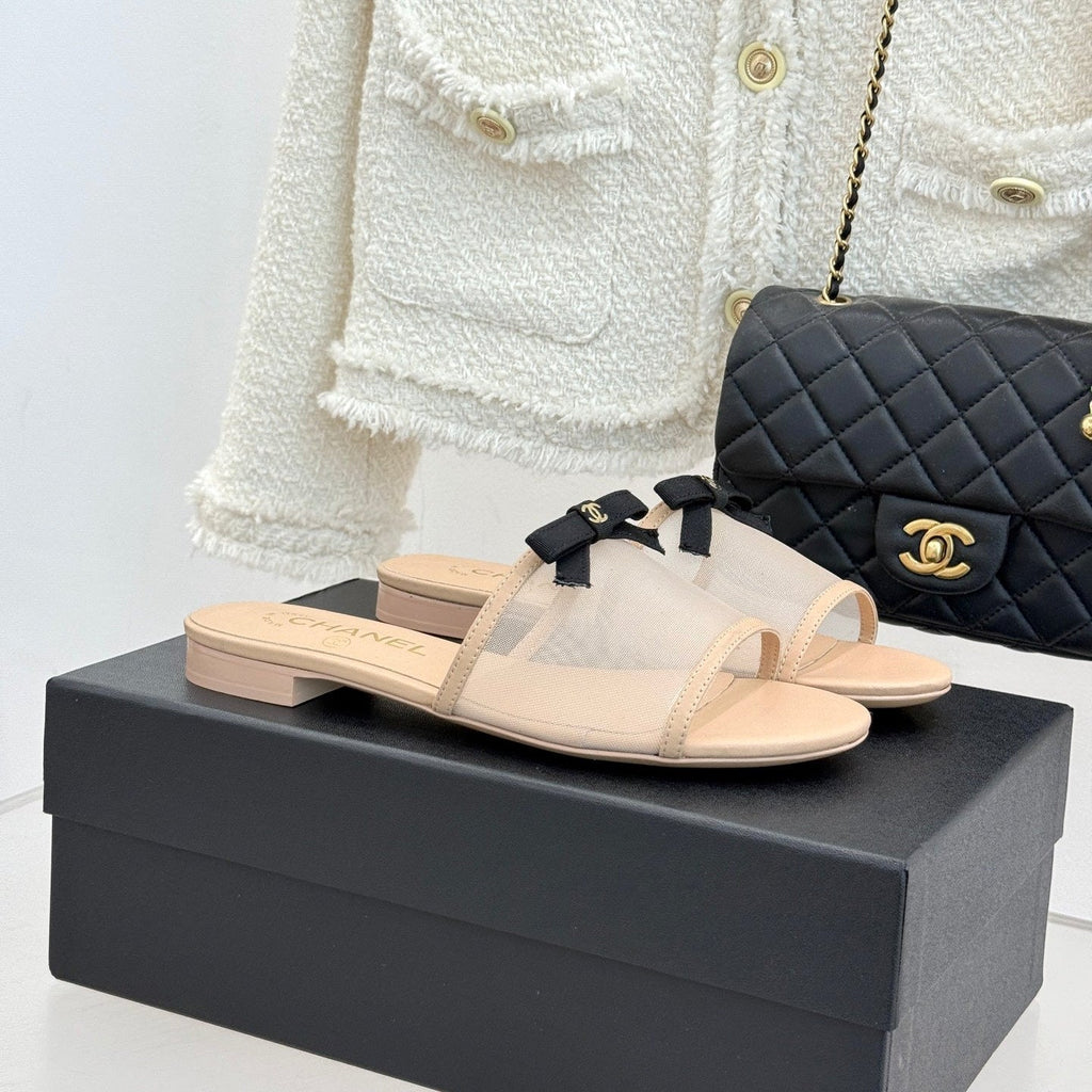 Chanel  26C Double C Bow Slippers Beige in Mesh 615708