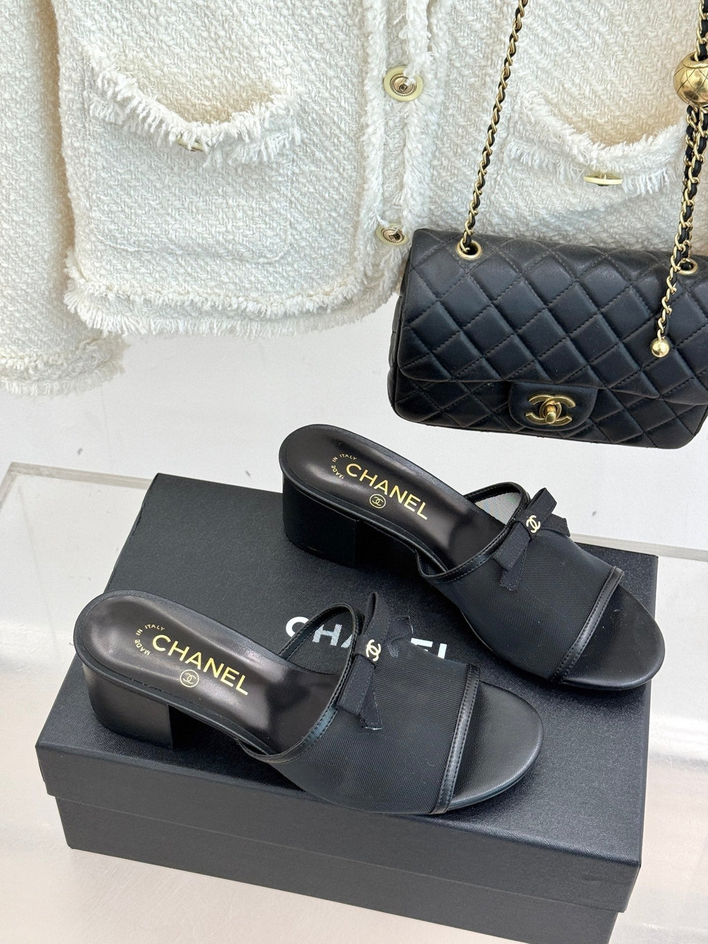 Chanel  26C Double C Bow Slippers High Heel Black in Mesh 615707