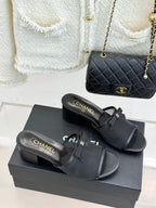 Chanel  26C Double C Bow Slippers High Heel Black in Mesh 615707
