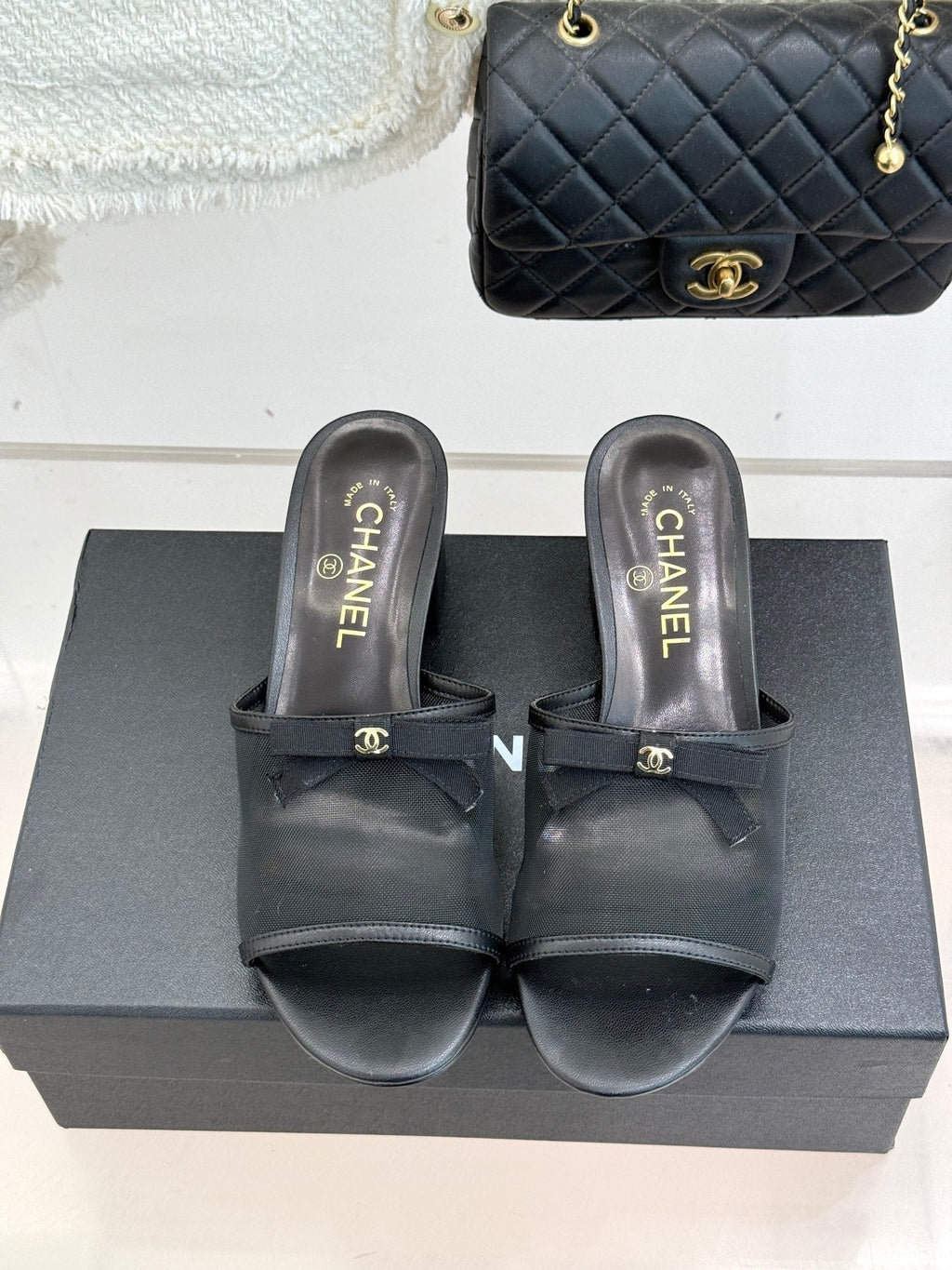 Chanel  26C Double C Bow Slippers High Heel Black in Mesh 615707