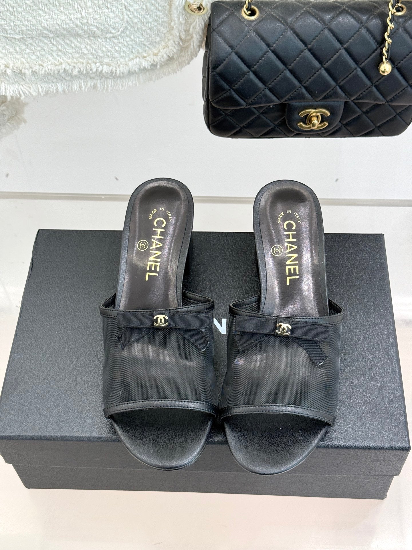 Chanel  26C Double C Bow Slippers High Heel Black in Mesh 615707