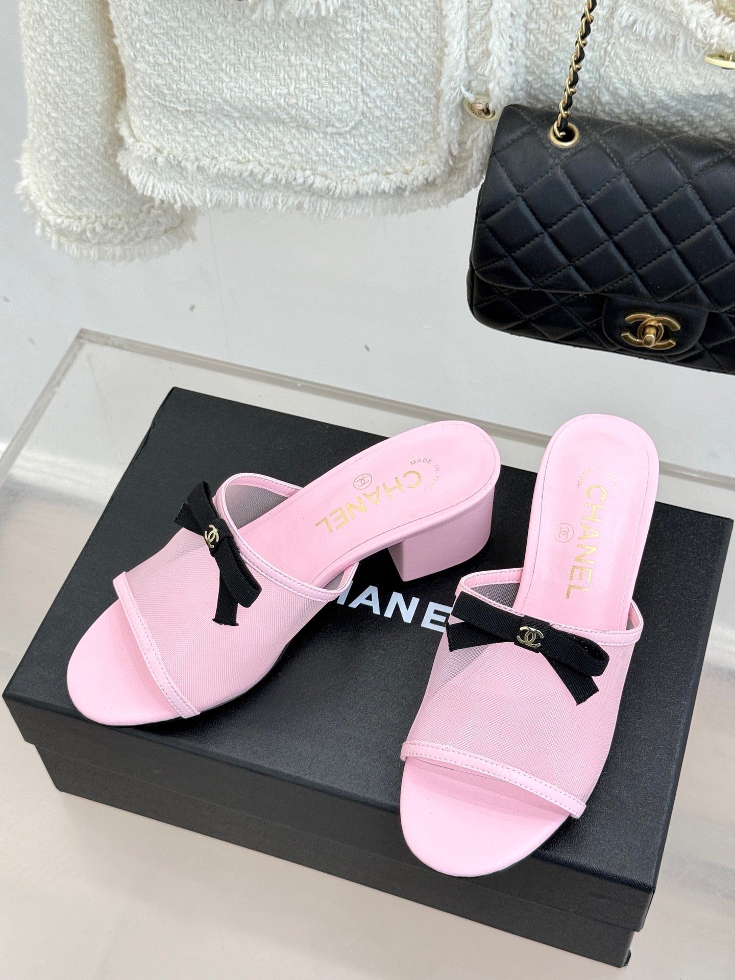 Chanel  26C Double C Bow Slippers High Heel Pink in Mesh 615706