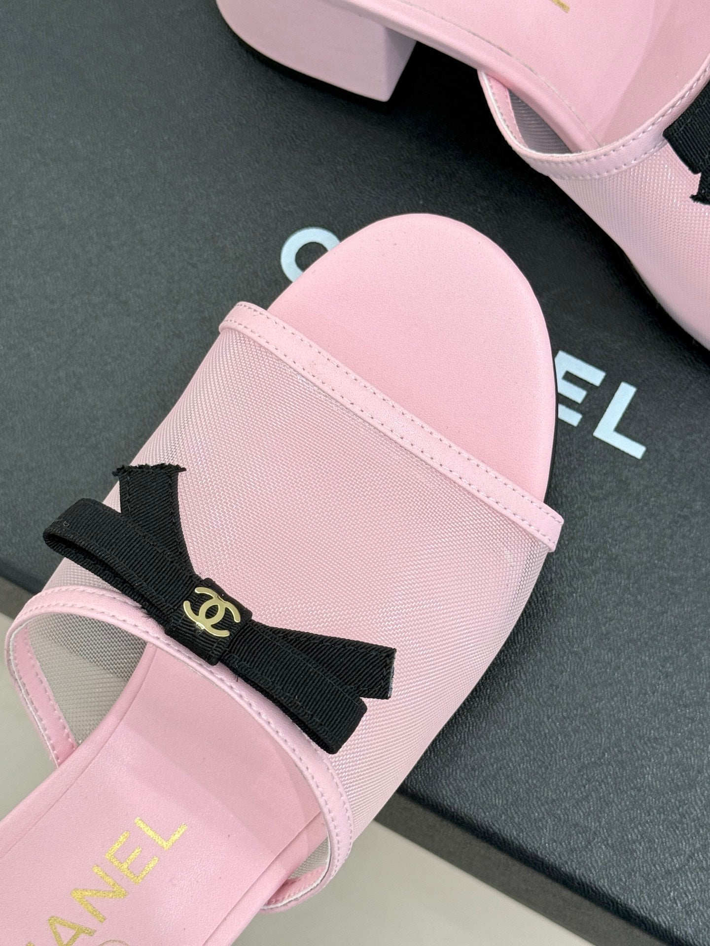 Chanel  26C Double C Bow Slippers High Heel Pink in Mesh 615706