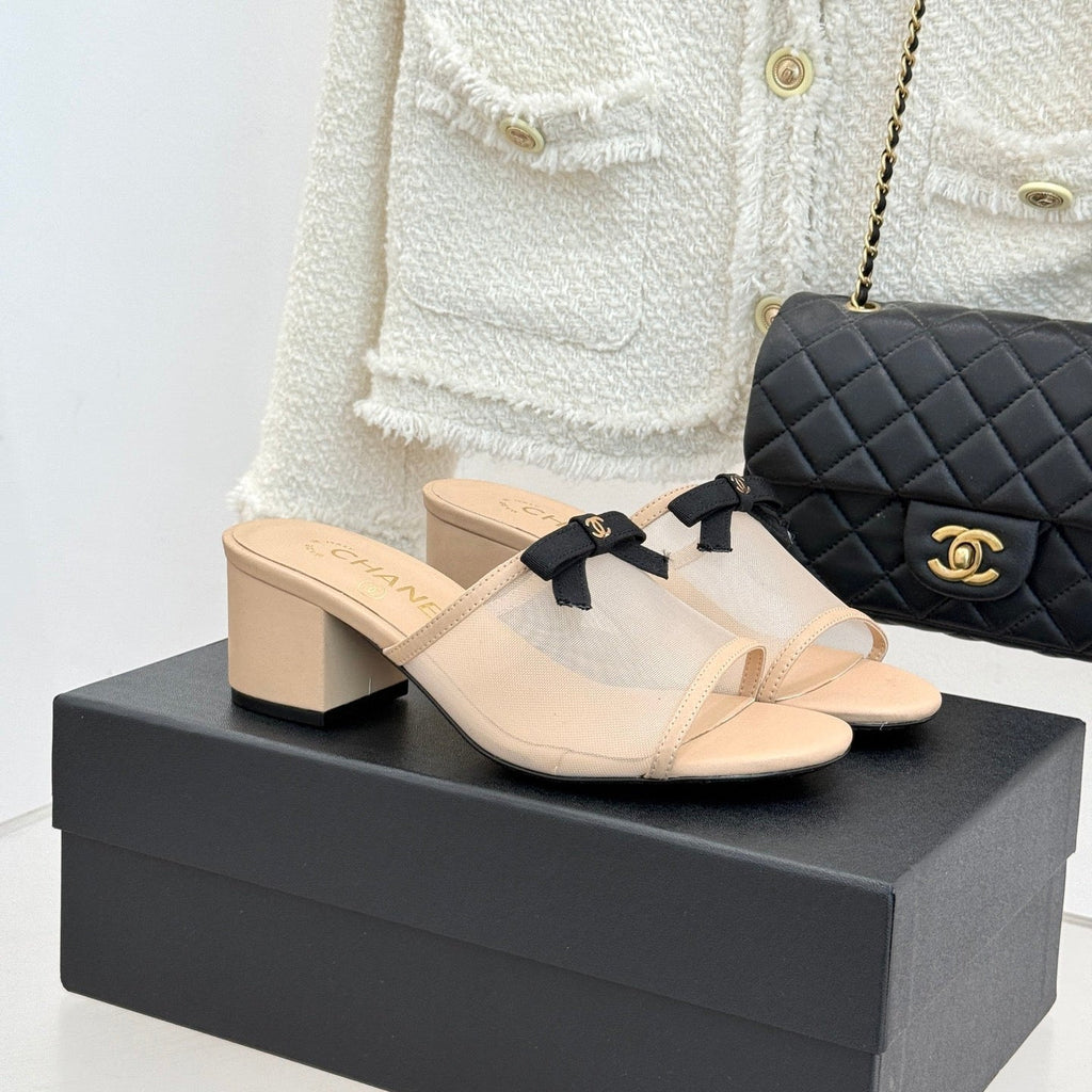 Chanel  26C Double C Bow Slippers High Heel Beige in Mesh 615705