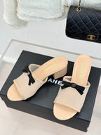 Chanel  26C Double C Bow Slippers High Heel Beige in Mesh 615705