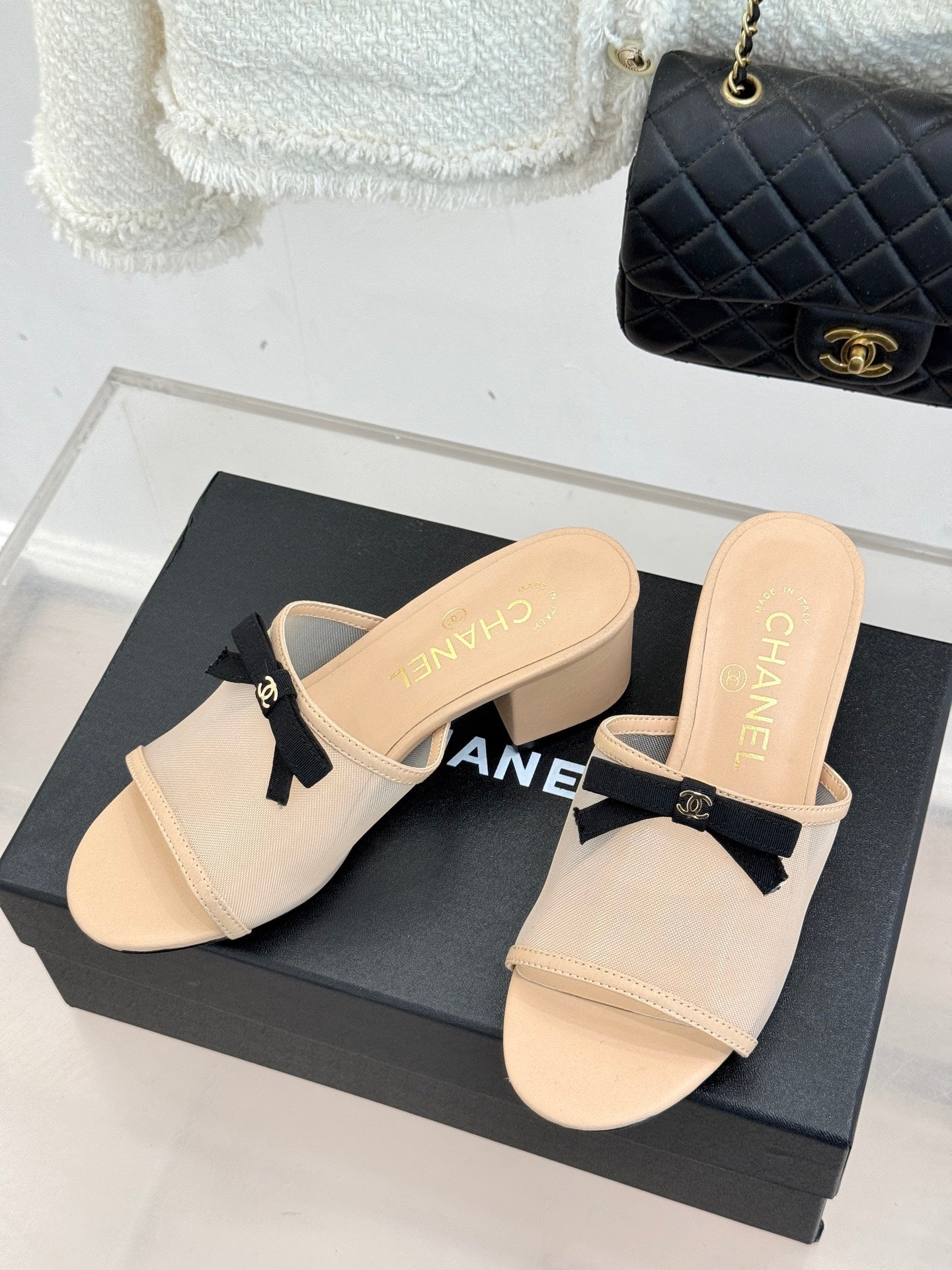 Chanel  26C Double C Bow Slippers High Heel Beige in Mesh 615705