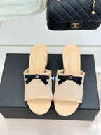 Chanel  26C Double C Bow Slippers High Heel Beige in Mesh 615705