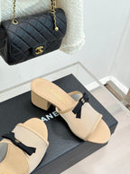 Chanel  26C Double C Bow Slippers High Heel Beige in Mesh 615705
