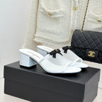 Chanel  26C Double C Bow Slippers High Heel White in Mesh 615704