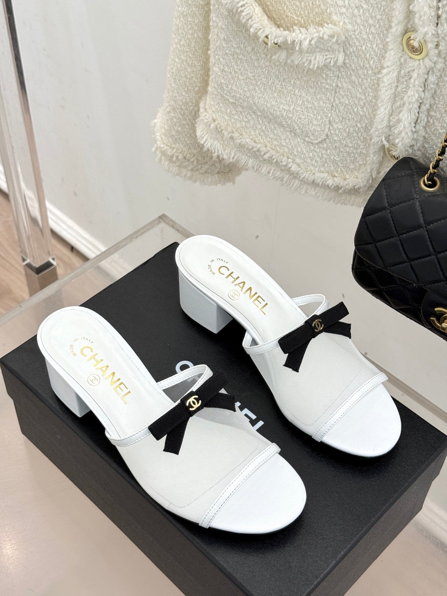 Chanel  26C Double C Bow Slippers High Heel White in Mesh 615704