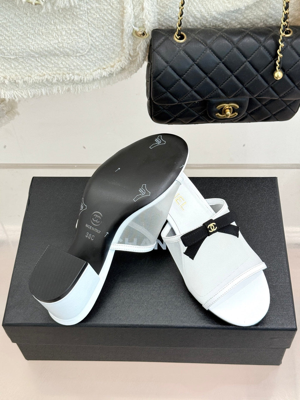 Chanel  26C Double C Bow Slippers High Heel White in Mesh 615704
