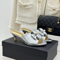 CC 26s Bow Slippers High Heel 35mm Silver Metallic Satin Sheepskin 615748