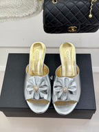 CC 26s Bow Slippers High Heel 35mm Silver Metallic Satin Sheepskin 615748