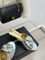 CC 26s Bow Slippers High Heel 35mm Silver Metallic Satin Sheepskin 615748