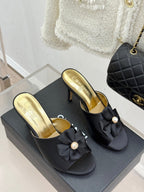 CC 26s Bow Slippers High Heel 75mm Black Satin Sheepskin 615745