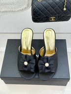CC 26s Bow Slippers High Heel 75mm Black Satin Sheepskin 615745