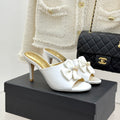 CC 26s Bow Slippers High Heel 75mm White Satin Sheepskin 615744