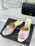 CC 26s Bow Slippers High Heel 75mm Pink Satin Sheepskin 615743