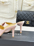 CC 26s Bow Slippers High Heel 75mm Pink Satin Sheepskin 615743