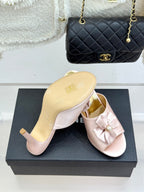 CC 26s Bow Slippers High Heel 75mm Pink Satin Sheepskin 615743