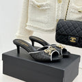 CC Classic Rhinestone Double C Bow Kitten Heel Slippers Black in Cowhide Weaving 615817