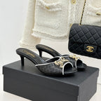 CC Classic Rhinestone Double C Bow Kitten Heel Slippers Black in Cowhide Weaving 615817