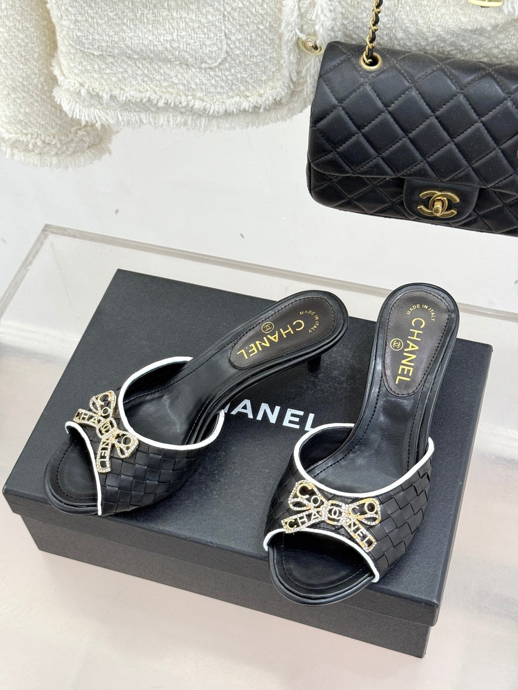 CC Classic Rhinestone Double C Bow Kitten Heel Slippers Black in Cowhide Weaving 615817