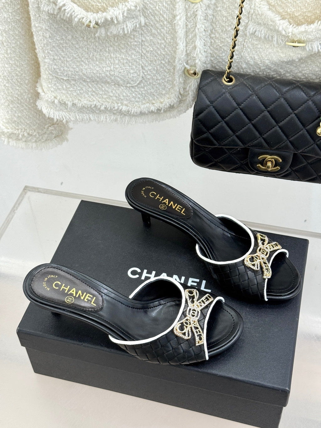 CC Classic Rhinestone Double C Bow Kitten Heel Slippers Black in Cowhide Weaving 615817