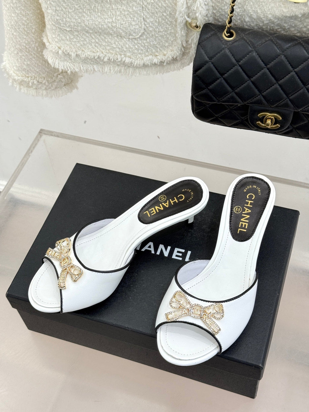 CC Classic Rhinestone Double C Bow Kitten Heel Slippers White in Cowhide 615816