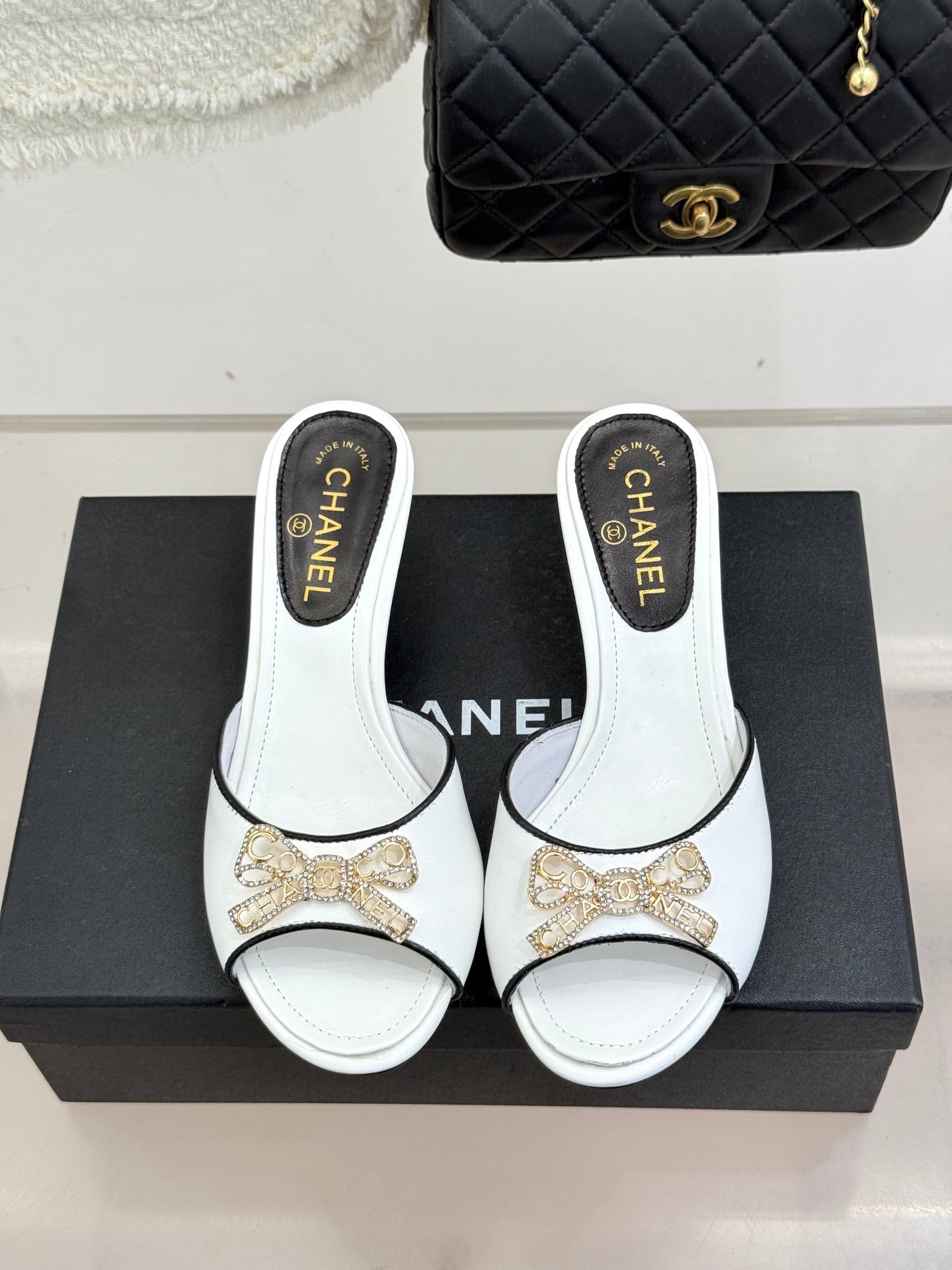 CC Classic Rhinestone Double C Bow Kitten Heel Slippers White in Cowhide 615816