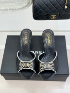CC Classic Rhinestone Double C Bow Kitten Heel Slippers Black in Cowhide 615815