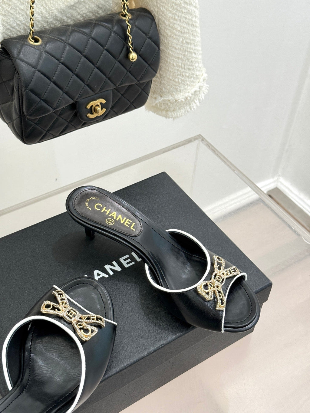 CC Classic Rhinestone Double C Bow Kitten Heel Slippers Black in Cowhide 615815