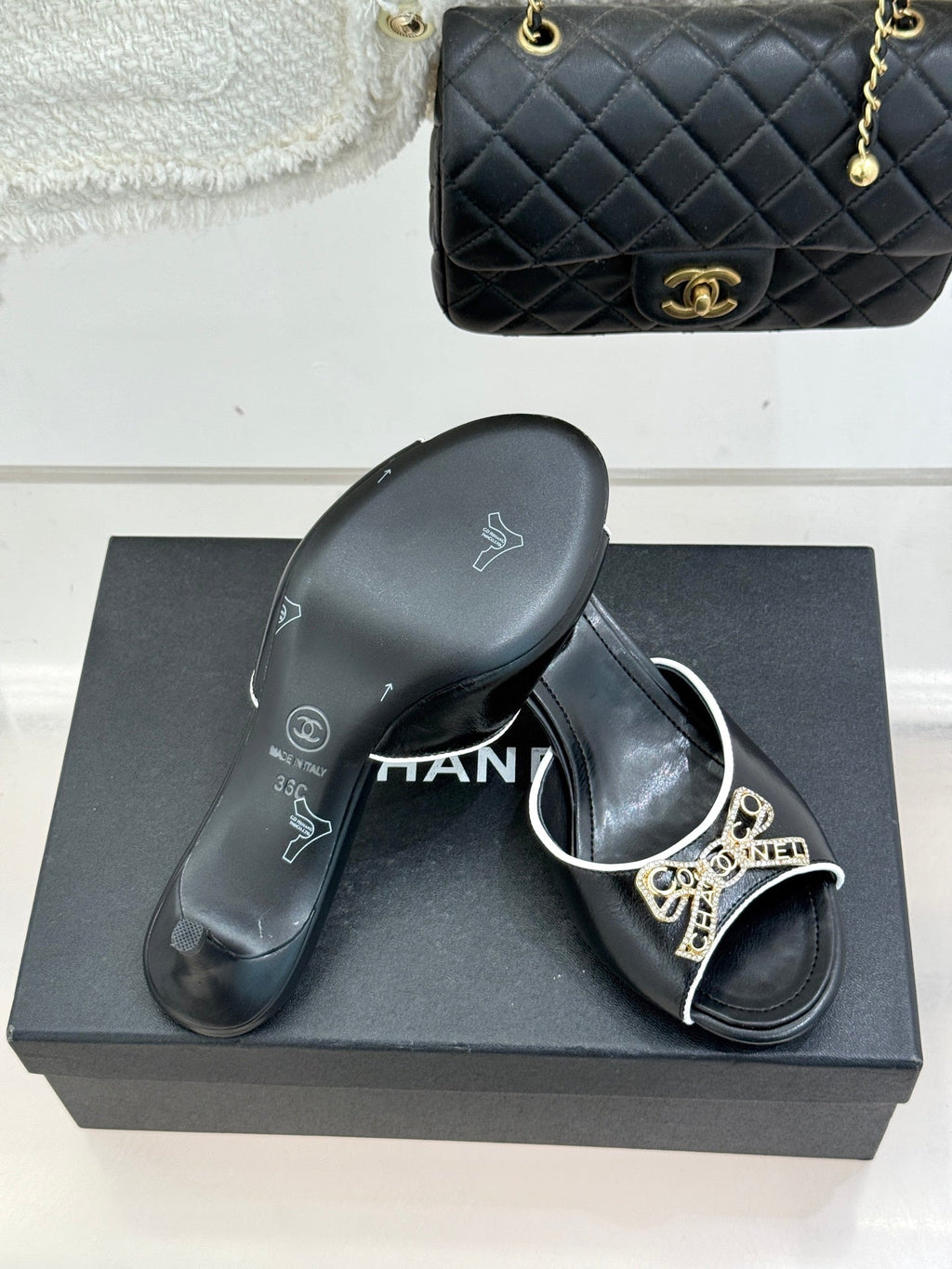 CC Classic Rhinestone Double C Bow Kitten Heel Slippers Black in Cowhide 615815