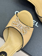 CC Classic Rhinestone Double C Bow Kitten Heel Slippers Beige in Cowhide 615814