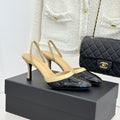 Chanel 26C Open-Back High-Heel Sandals Beige Black in Leather 615701