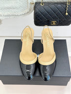Chanel 26C Open-Back High-Heel Sandals Beige Black in Leather 615701