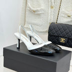 Chanel 26C Open-Back High-Heel Sandals White Black in Leather 615700