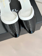 Chanel 26C Open-Back High-Heel Sandals White Black in Leather 615700