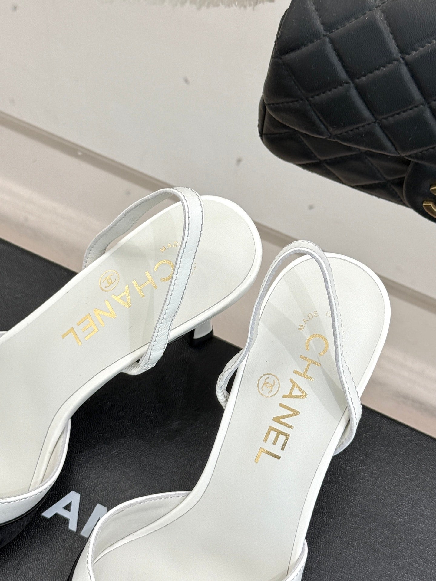 Chanel 26C Open-Back High-Heel Sandals White Black in Leather 615700