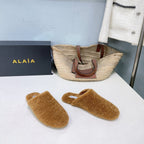 ALAIA 25 Fur Mule Slipper Camel in Lambswool 629517