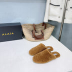 ALAIA 25 Fur Mule Slipper Camel in Lambswool 629517