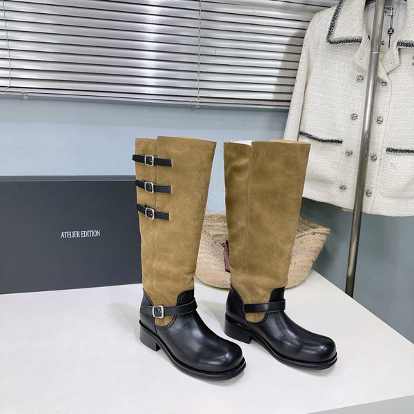Atelier Edition 26ss Retro Buckled Round Toe Color Block Long Boots Camel Black in Calfskin and Suede