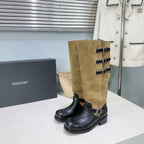 Atelier Edition 26ss Retro Buckled Round Toe Color Block Long Boots Camel Black in Calfskin and Suede
